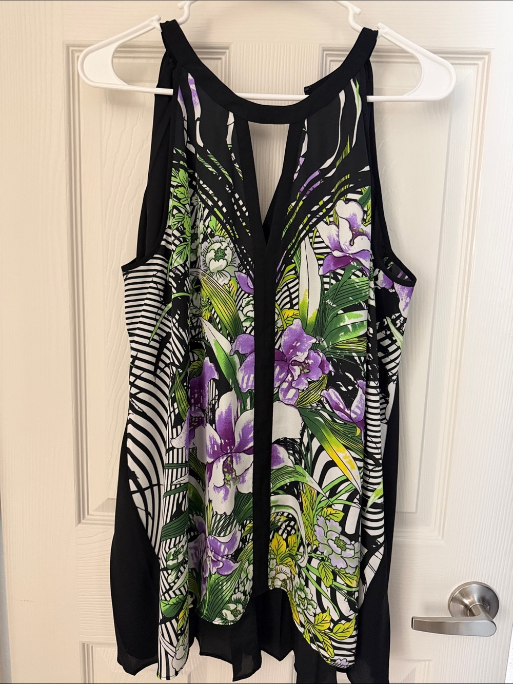 Kenneth Cole Black Floral Halter Camisole with Purple and Green
